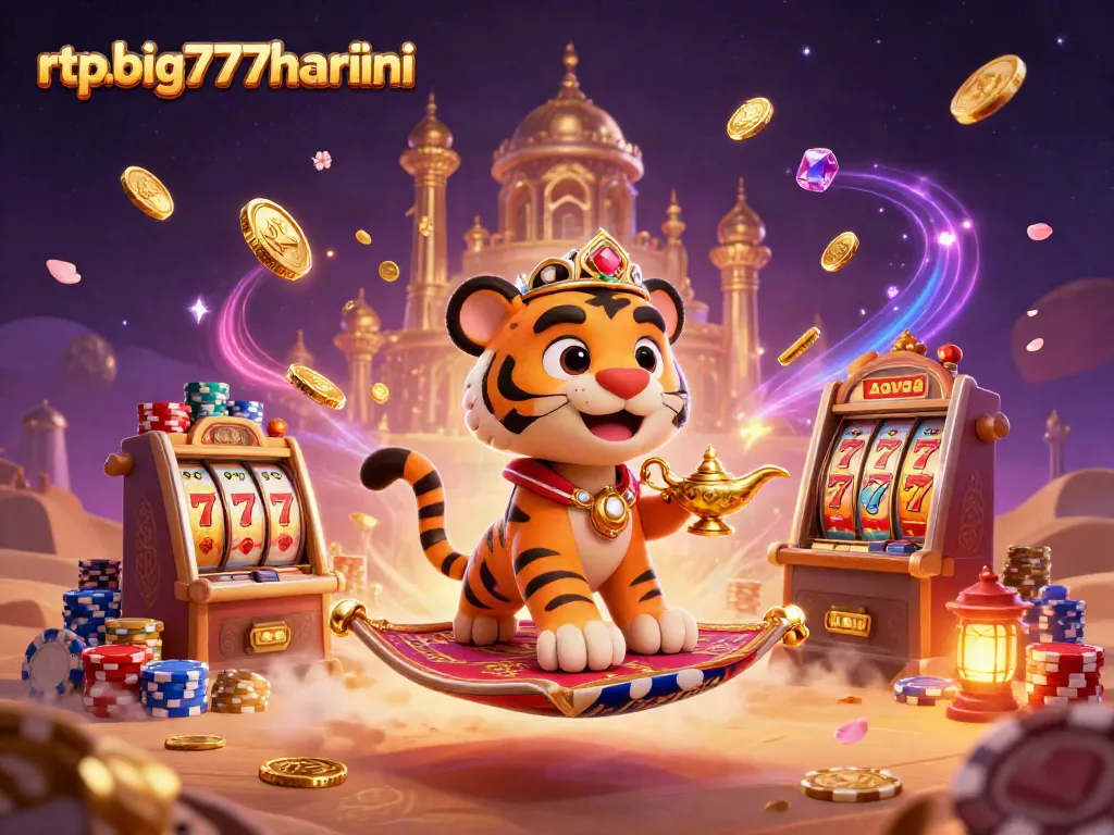 Experience the excitement of rtpbig777hariini with a vibrant scene of a tiger sultan, magic lamp, and dazzling slot machines.