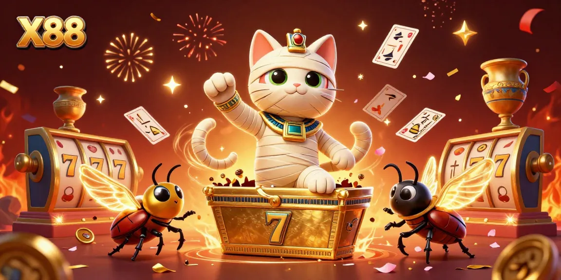X88 brings excitement to players with a vibrant scene of gaming, showcasing a mummy cat and a scarab beetle amidst dynamic casino elements.