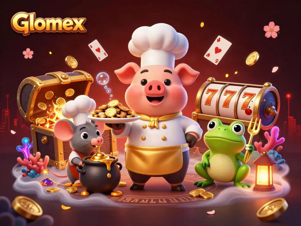 Engage with the thrilling Glomex casino scene featuring characters and slot reels in a dynamic underwater setting.