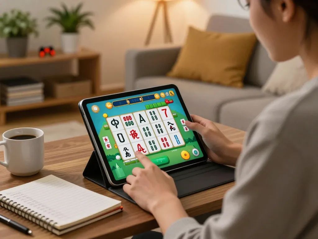 Player engaging with slot mahjong on a tablet, highlighting a vibrant game atmosphere in a cozy home setting.