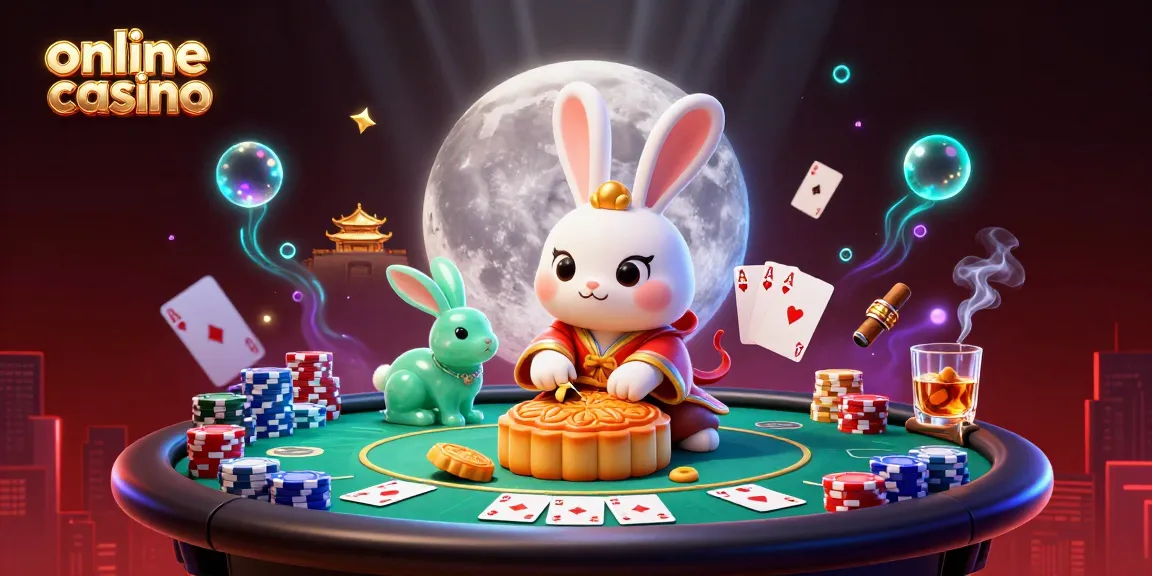 Explore the vibrant moon-themed online casino scene depicting playful rabbits and poker elements.
