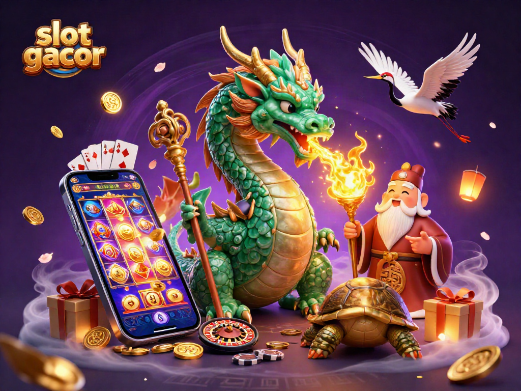 Engage with slot gacor through an enchanting illustration of a jade dragon and lucky symbols.