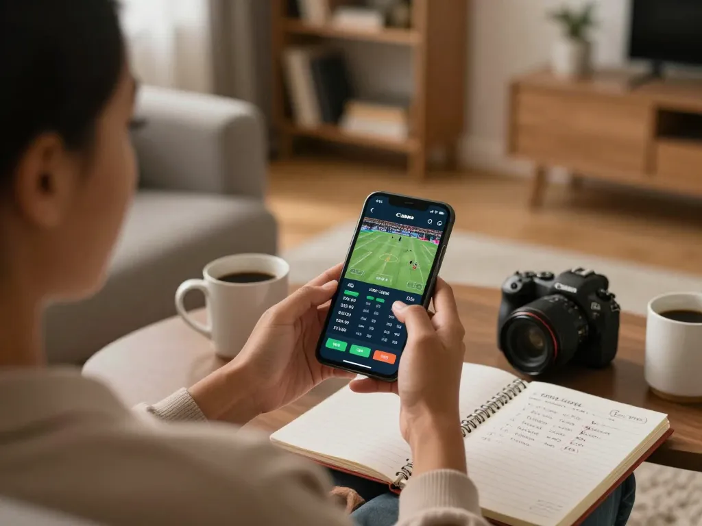 Lương Sơn TV user engaging in live sports betting on smartphone in a cozy home setting.