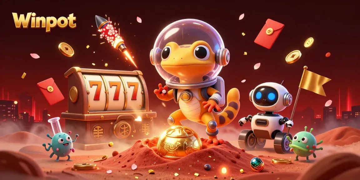 Winpot features a 3D Martian gecko celebrating a golden casino jackpot amidst vibrant festive elements.