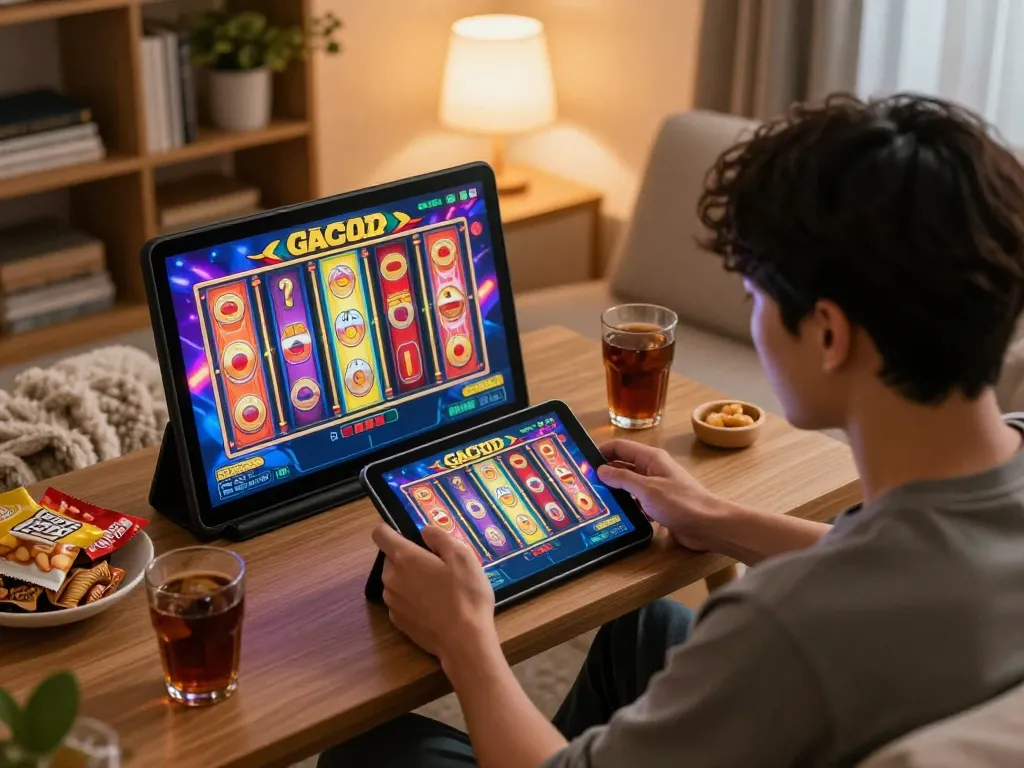 Player enjoying slot gacor on tablet in cozy home setting, highlighting engaging online gaming experience
