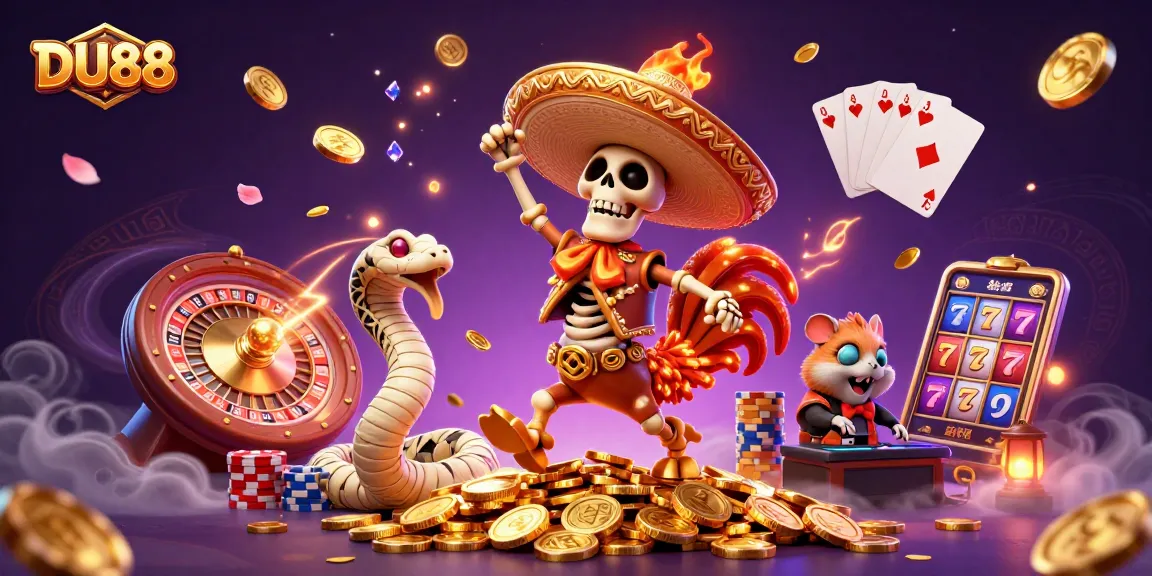 Experience winning at DU88 with a vibrant 3D casino scene featuring a skeleton mariachi dancing.