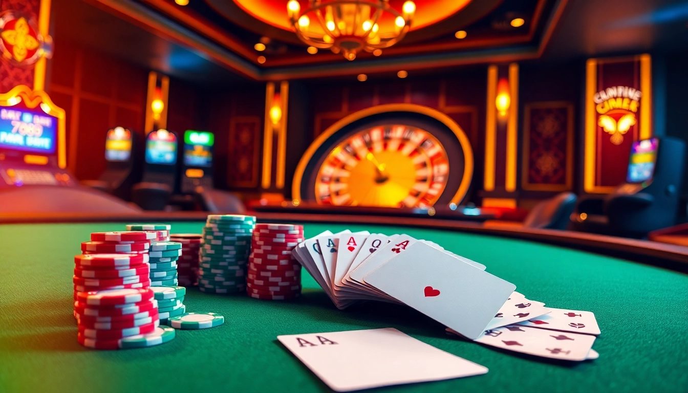 Excited players engaging with a vibrant 789club atmosphere at a poker table with chips and cards.