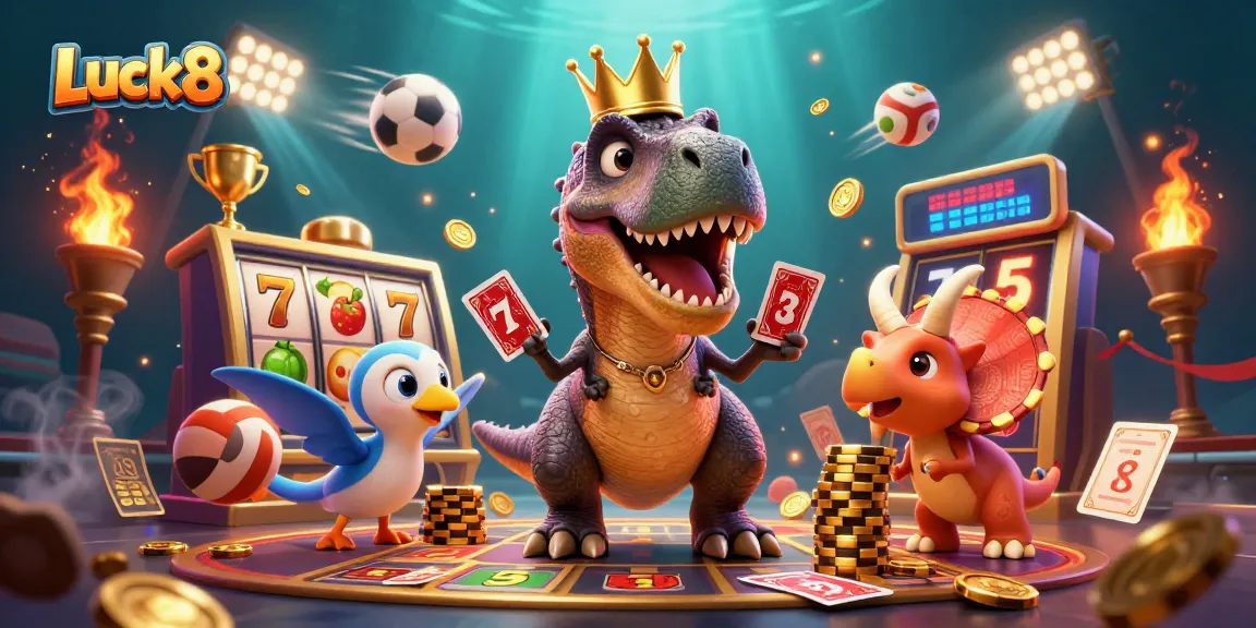 Engage in thrilling gameplay at Luck8 with dynamic scenes featuring cartoon dinosaurs and casino elements.