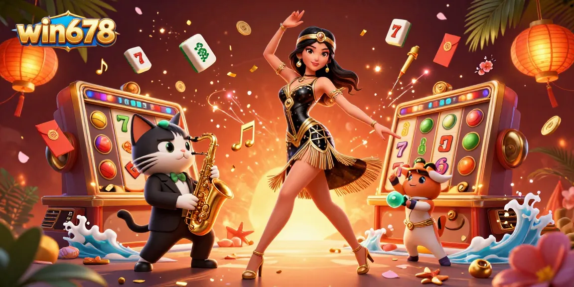 Engage with win678 through vibrant casino-themed illustration featuring a dancing woman and playful cat.