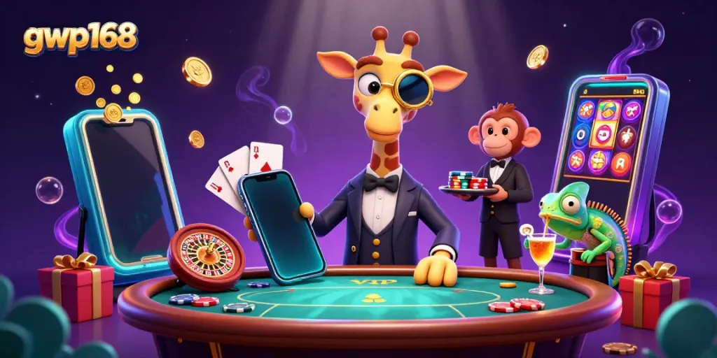 Tampilkan keseruan bermain game seru di gwp168 dengan penjudi bergaya giraffe dan bartender chameleon