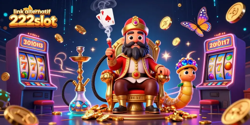 Menggambarkan link alternatif 222slot, kasino slot dengan karakter kartun dan elemen permainan yang dinamis.
