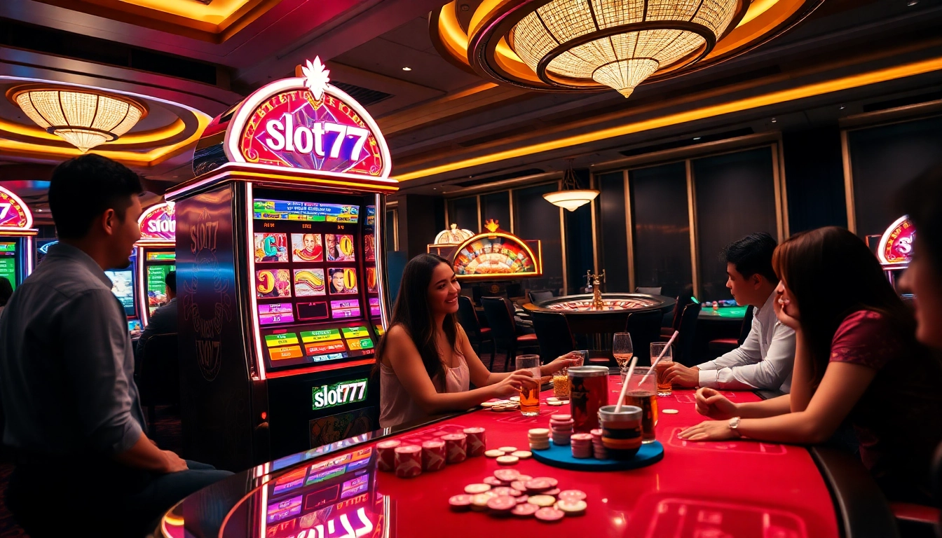 Experience thrilling gameplay at slot777 with a luxurious casino setup featuring vibrant slot machines and excited players.