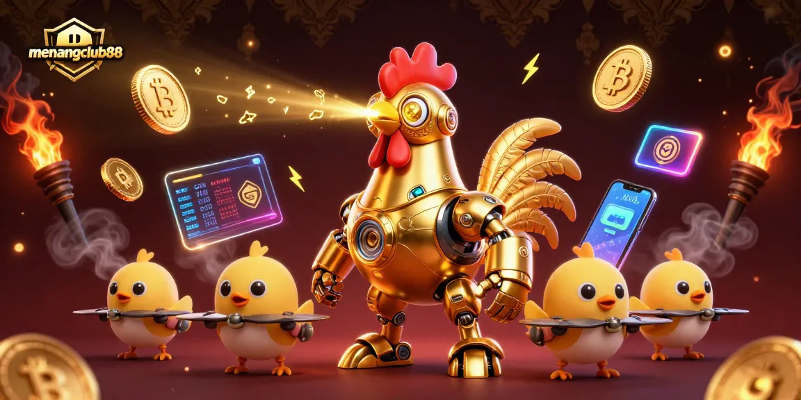 Engage with menangclub88's thrilling adventure featuring a golden rooster robot and baby chick drones amidst neon crypto elements.