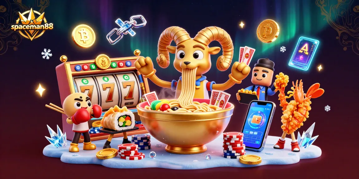Play stunning slots at spaceman88 with a vibrant casino-themed 3D illustration showcasing characters and gaming elements.