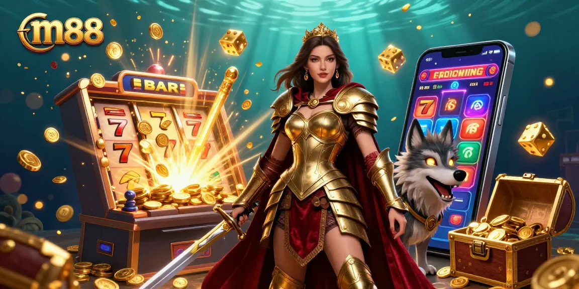 Win big with m88 in this vibrant 3D illustration showcasing a warrior queen and a slot machine jackpot.
