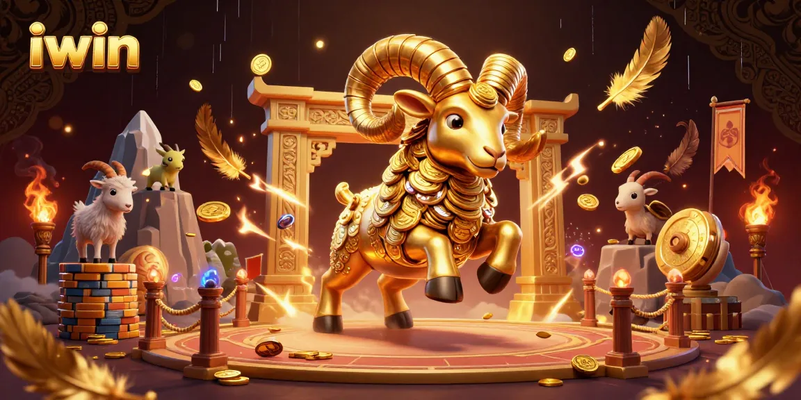 iwin captures the thrilling action of a golden ram charging through a vibrant casino arena filled with coins and flames.