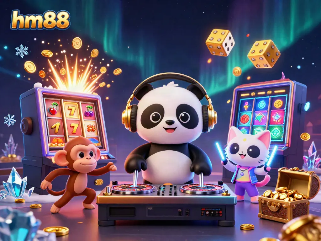 Experience dynamic gaming action at hm88 with a DJ panda, dancing monkey, and glowing kitten among vibrant casino elements.