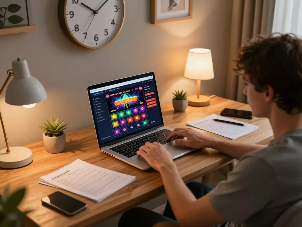 Player engaging with Nhà cái uy tín online casino app, showcasing responsible gaming practices and home comfort.