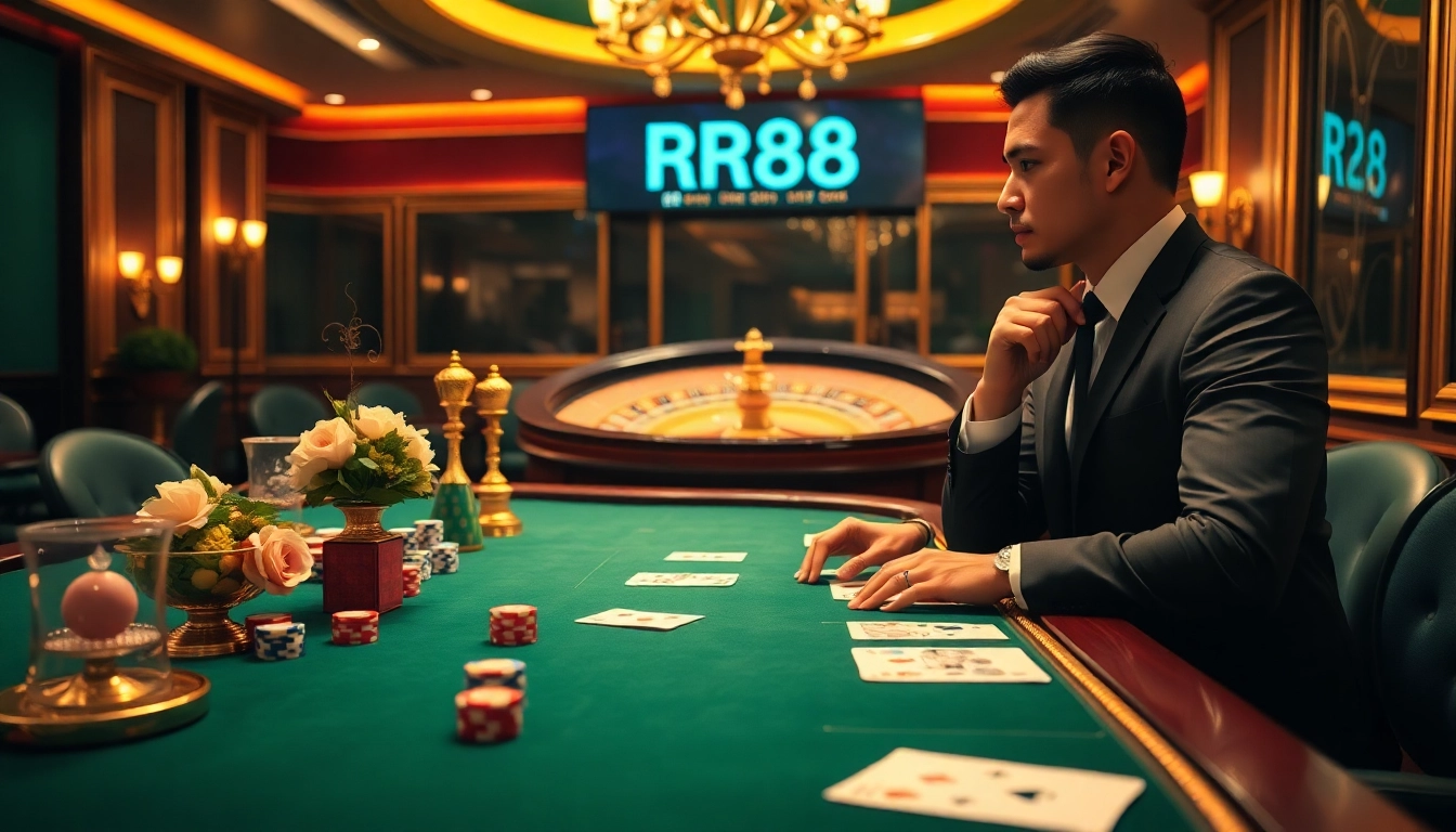 Engage with RR88 at a high-stakes poker table surrounded by luxury and excitement.