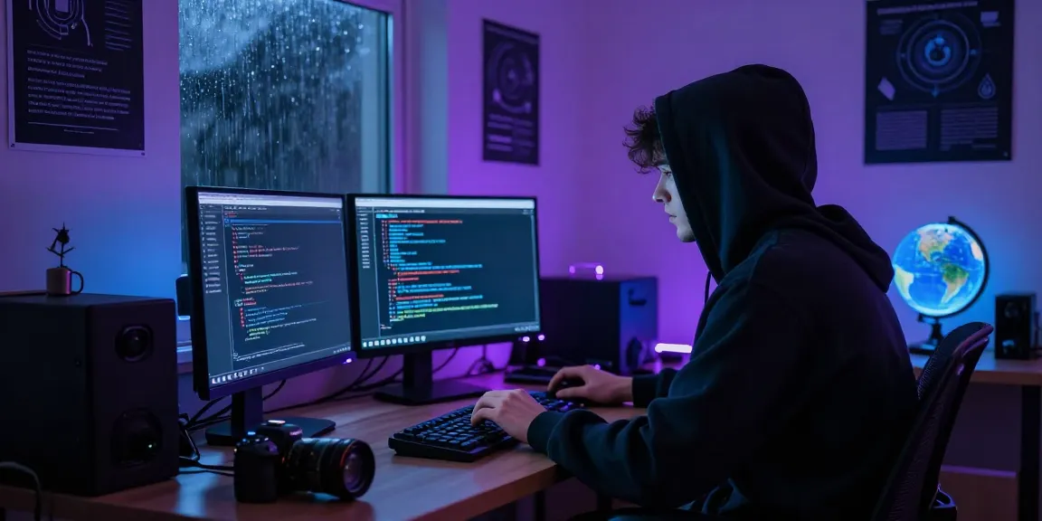 An individual exploring the hidden wiki dark web on a laptop in a dimly lit room filled with tech gadgets and security graphics.