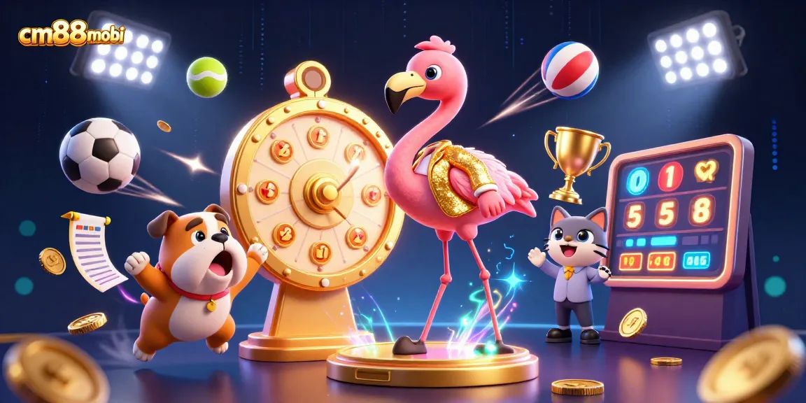 Bet on cm88mobi with an exciting scene featuring a game show host, contestant, and prizes.
