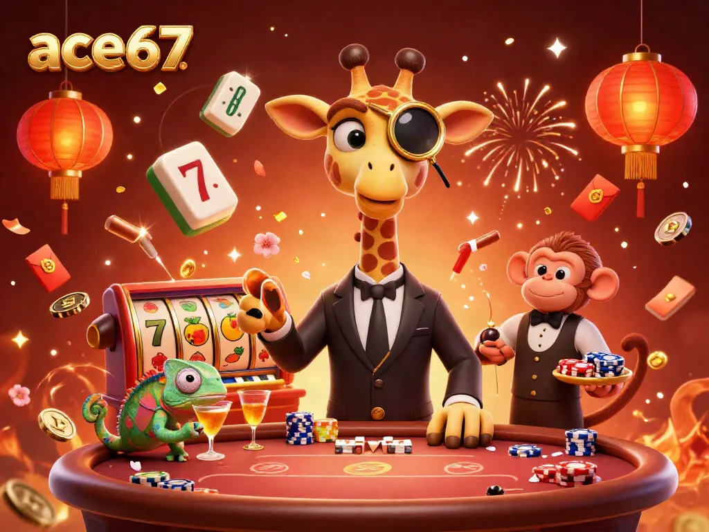 Experience ace67's vibrant casino world with a striking giraffe at a poker table.