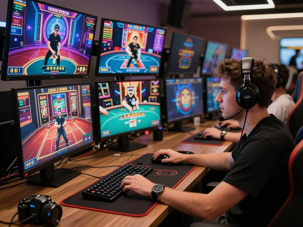 Nohu90 online gaming setup featuring a dedicated player actively engaging in casino games on multiple screens.