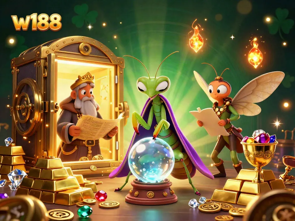 W188 showcases a mystical scene with a praying mantis fortune teller and treasures, enhancing players' luck and fortune in gambling.