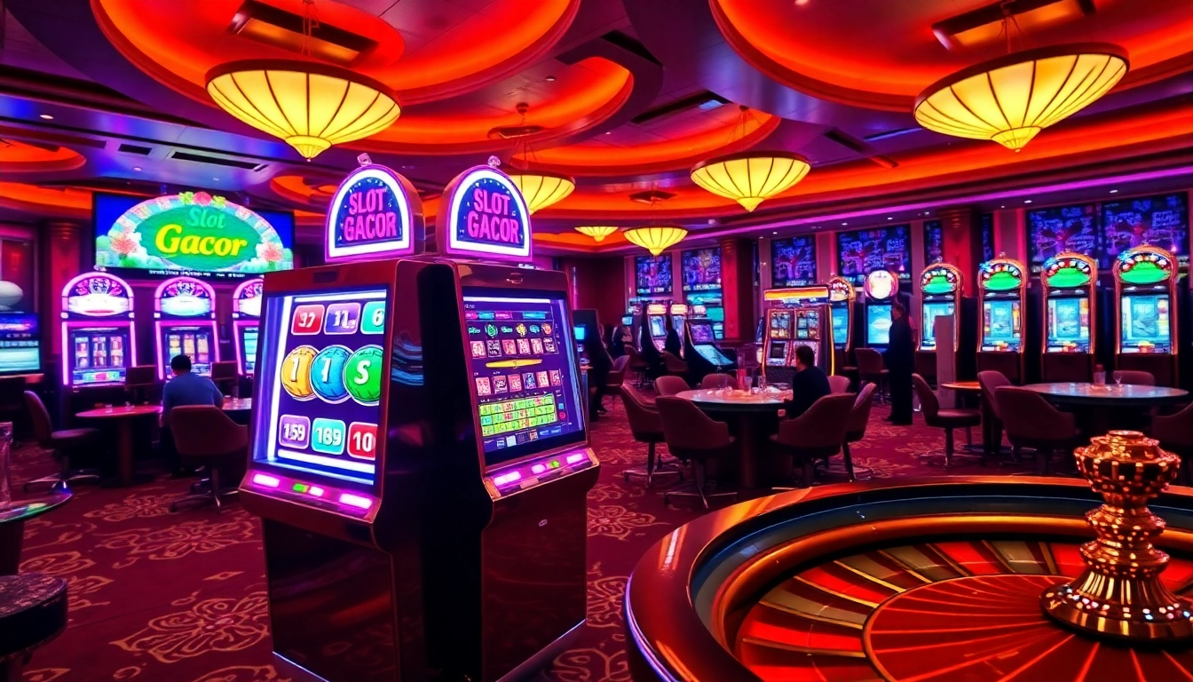 Exciting casino scene featuring a vibrant slot gacor machine amidst poker chips and cards.