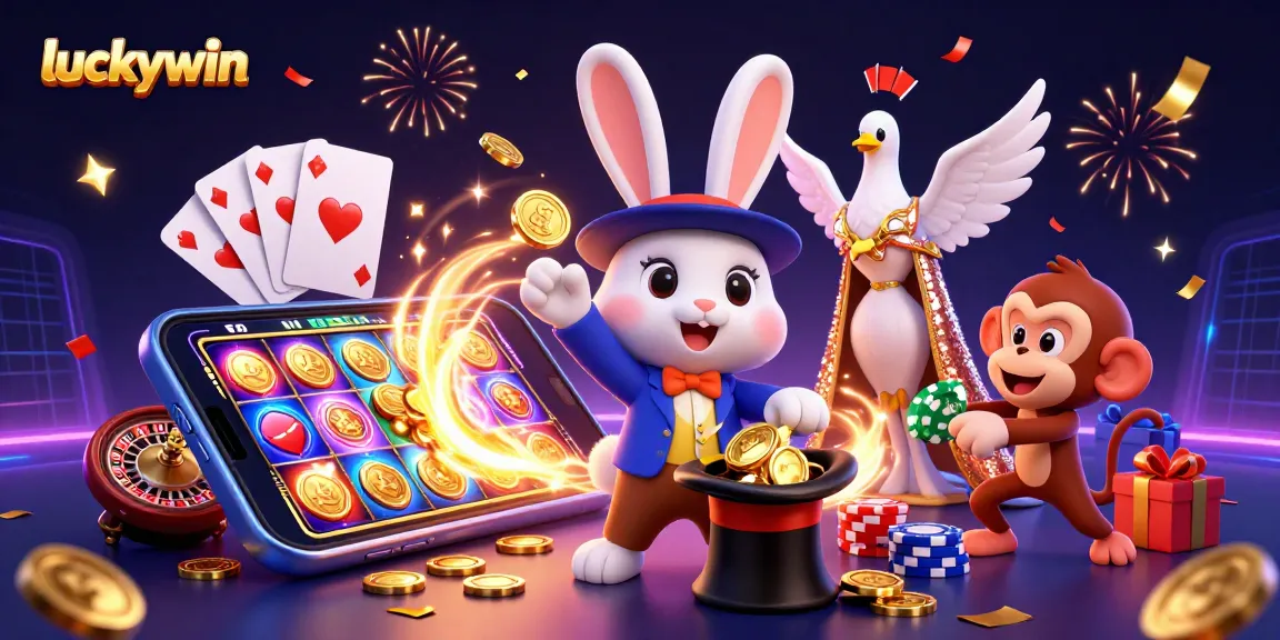 Experience thrilling gaming action with luckywin, featuring a magician rabbit, coins, and exciting casino elements.