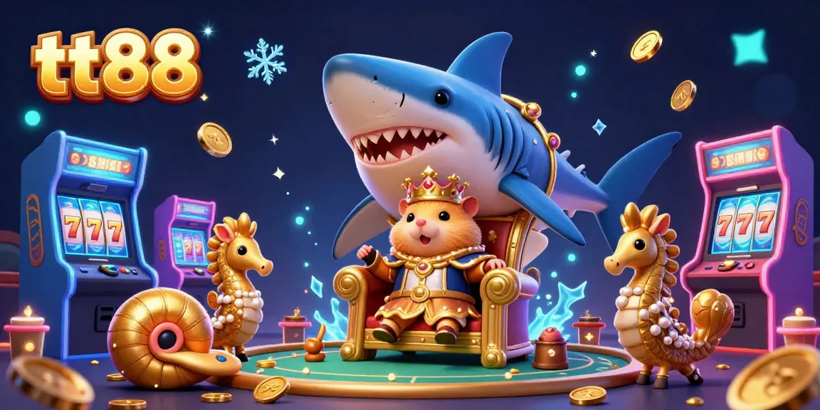 Engage with tt88, a vibrant 3D casino illustration showcasing a hamster king with surreal gambling elements.