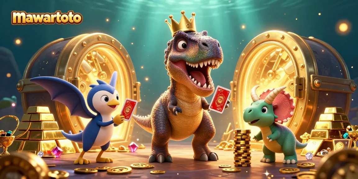 Mawartoto menghadirkan aksi mengasyikkan dengan T-Rex bermahkota emas yang mencoba mengocok kartu.