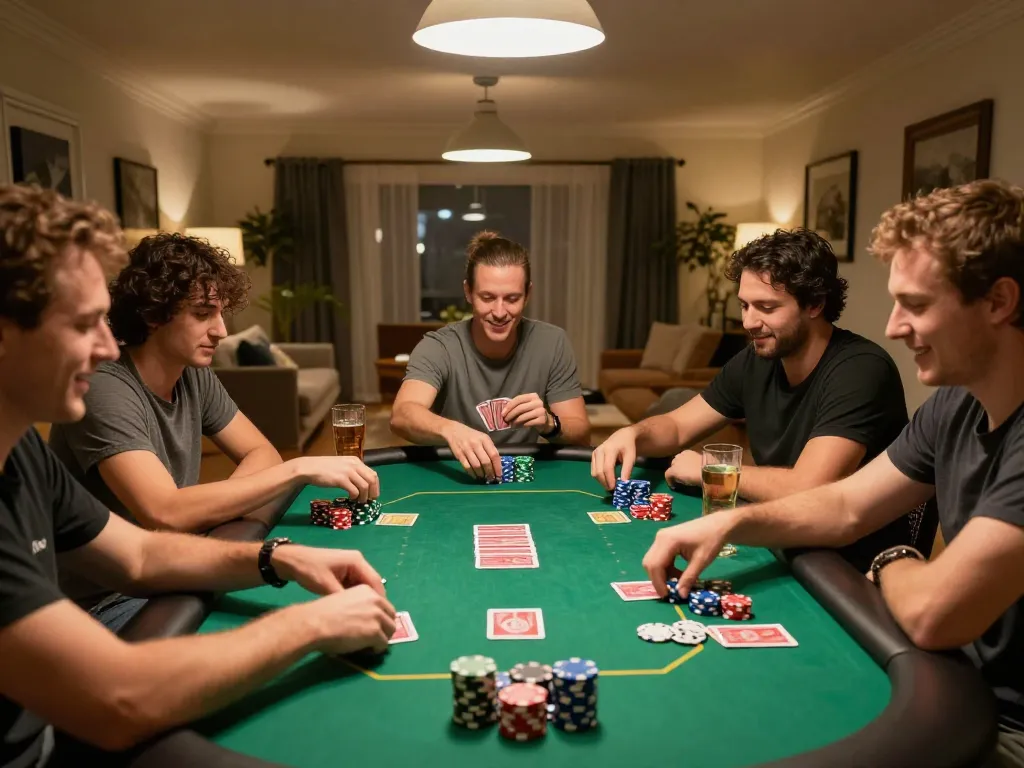 Engaged friends play poker reflecting the excitement of online casinos in Canada.