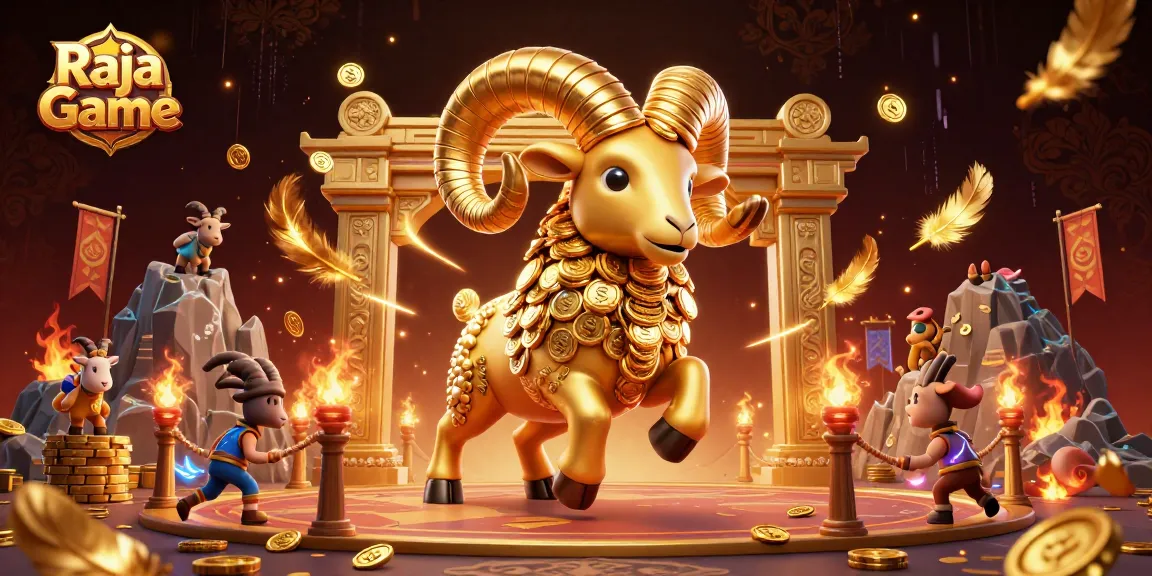 Engage with Raja Game's thrilling action in an immersive 3D casino scene featuring gold ram at the golden gate.