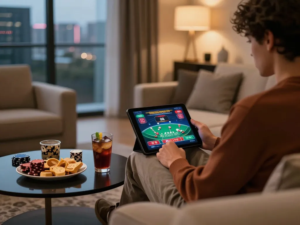 Player engaged in 33win live dealer blackjack under warm lighting, featuring cozy home setup.