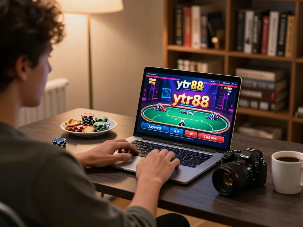 Engaged player exploring ytr88 casino games on a laptop, emphasizing strategic online betting