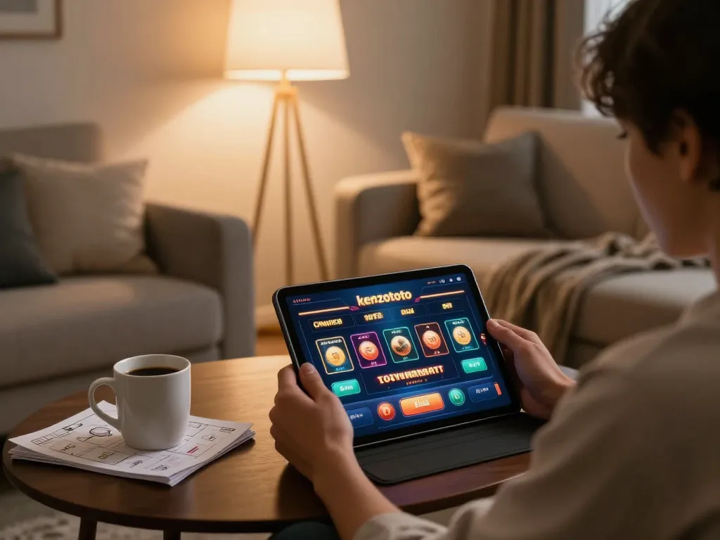 Pemain menjelajahi permainan kenzototo di tablet di rumah yang nyaman dengan dekorasi yang stylish