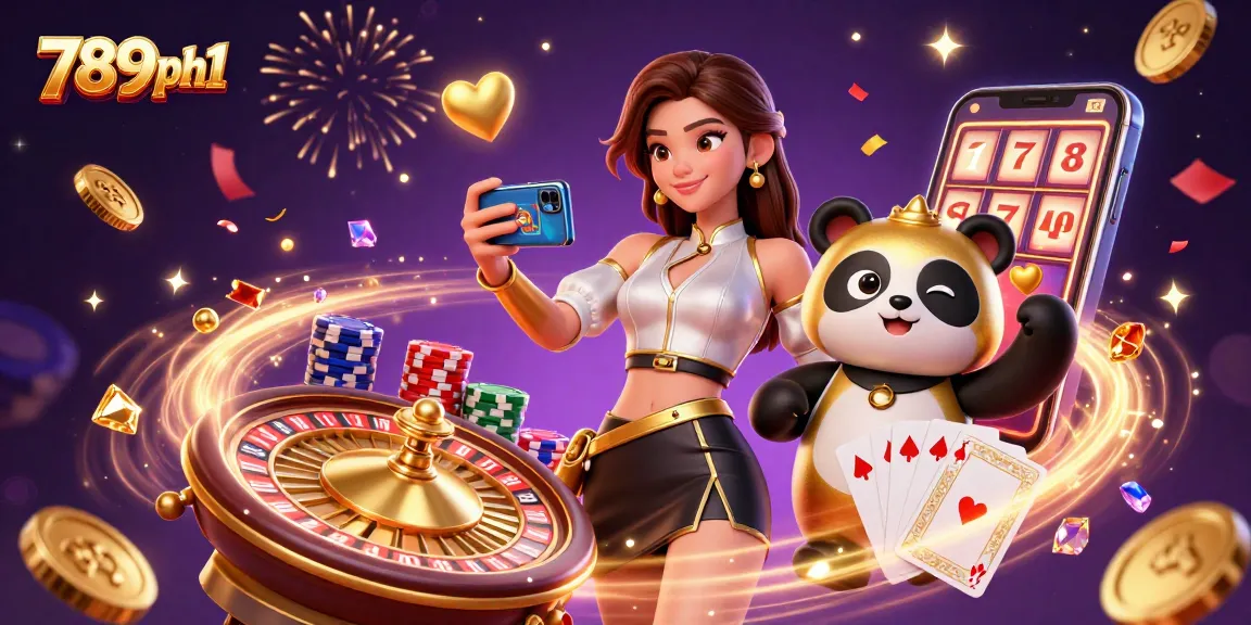 Experience the excitement of 789ph1 with a vibrant illustration capturing casino games and lucky moments.