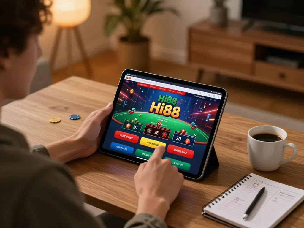 Player enjoying the online gaming experience at Hi88's casino platform on a tablet with betting strategies visible.