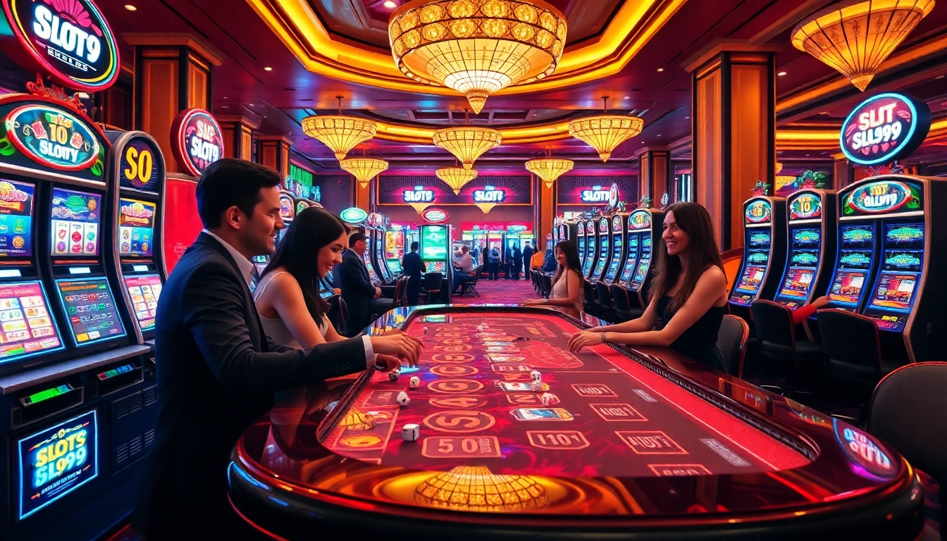 Players experiencing the thrill of SLOT99 on vibrant slot machines in a luxurious casino setting.