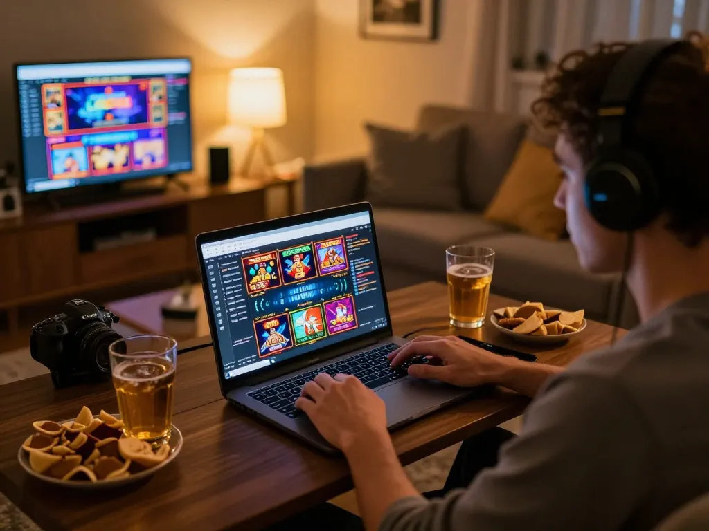 LIGA2000 online gaming session featuring a player enjoying slots on a laptop in a cozy living room atmosphere.