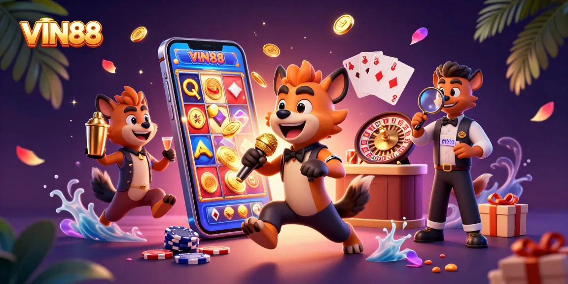VIN88 hyenas comedic casino club scene featuring a bartender, comedian, and bouncer in engaging action.