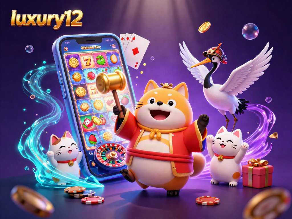 Experience winning fun with luxury12 as cheerful tanuki and lucky cats celebrate in a vibrant casino scene.