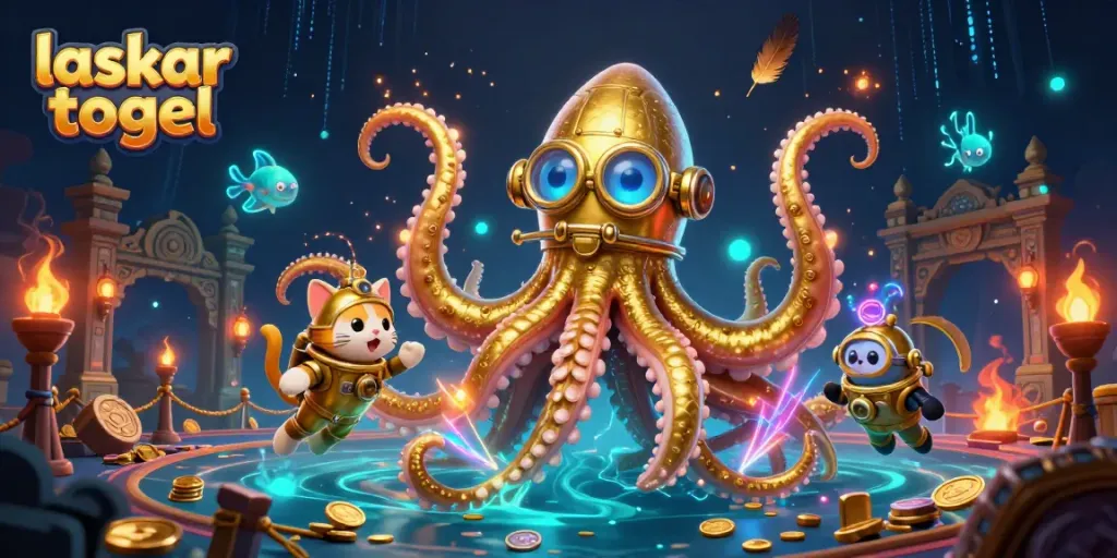 Experience the thrill of laskar togel with a captivating underwater adventure featuring a golden kraken, showcasing vibrant casino elements.