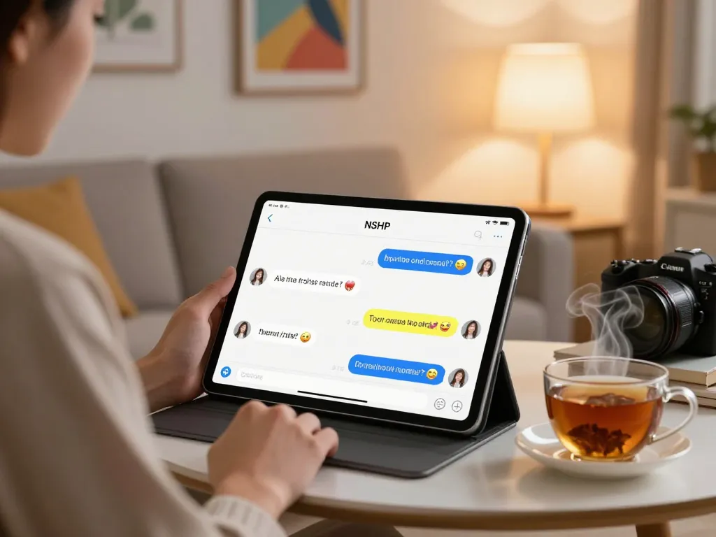 An adult user engaging in playful NSFW AI chat on a tablet in a cozy living room.