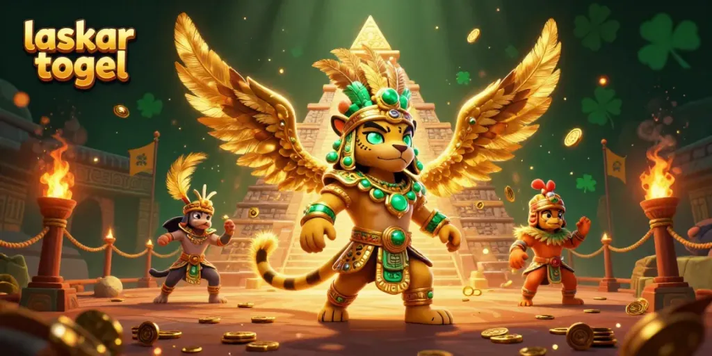 Engage with laskar togel gaming excitement as a Mayan priest and a quetzal bird unveil treasures in a vibrant scene.
