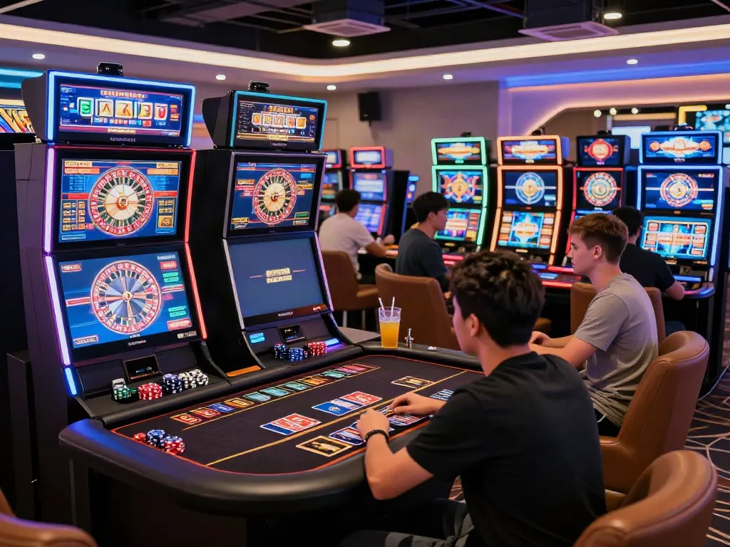 Exciting scene at an akunjp online gambling hub with diverse players enjoying gaming.