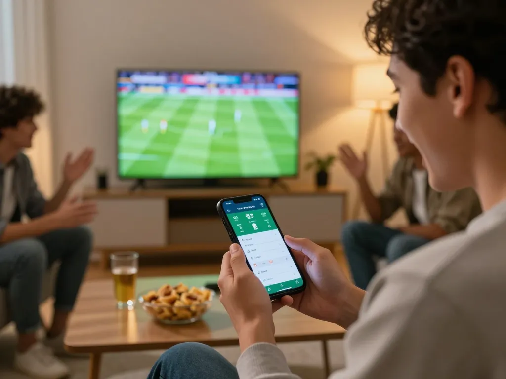 Engaging in cá độ bóng đá with friends using a smartphone to place live bets during a football match