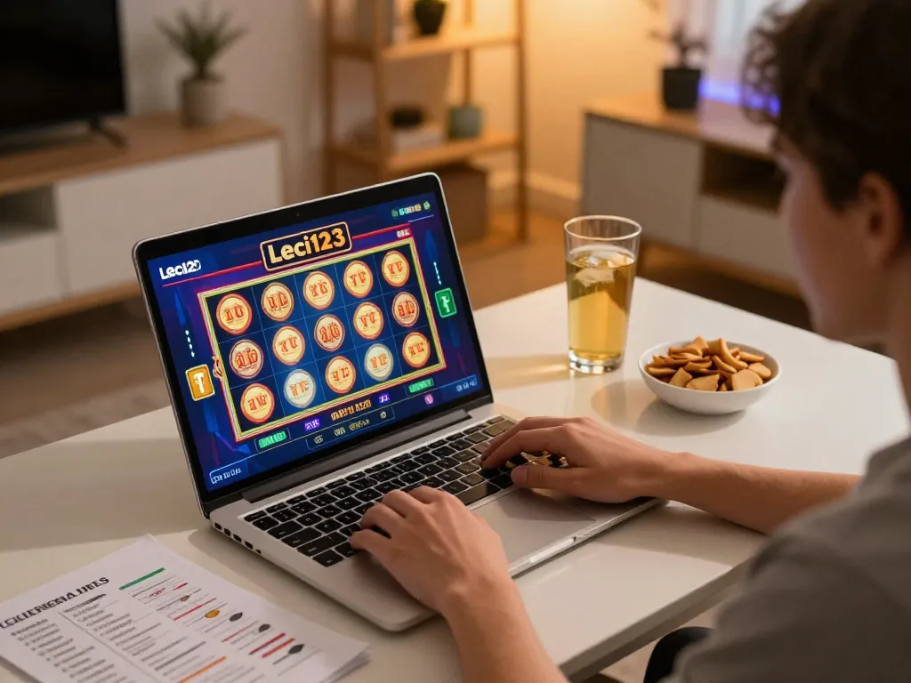 Engaging scene of online gaming on Leci123 with laptop showing slot game interface and cozy atmosphere