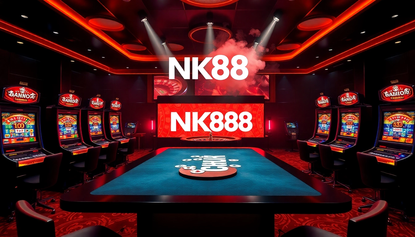 Experience an exciting night at NK88 casino with vibrant gaming tables and colorful slot machines.
